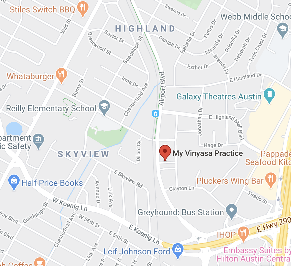 Michelle Young teaches donation-based studio yoga classes, offers yoga teacher training, and yoga therapy training at My Vinyasa Practice in Austin, Texas google maps image with red pin at my vinyasa practice off airport blvd near clayton lane and east highland mall blvd