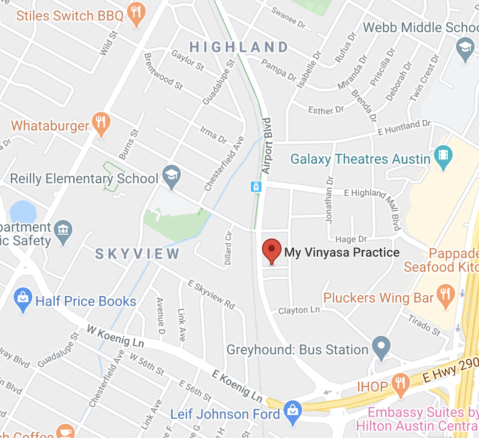 google maps image with red pin at my vinyasa practice off airport blvd near clayton lane and east highland mall blvd
