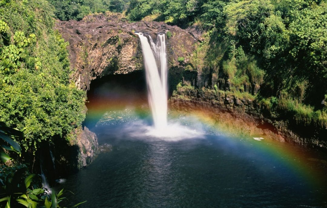a waterfall cascading into a pool creating a rainbow in a lush jungle on the big island of Hawaii