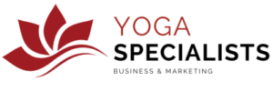 Red lotus flower loge near red and black text of the Yoga Specialists business and marketing logo