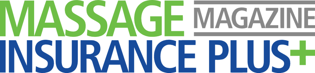 green blue and grey letters of the logo for Massage Magazine Insurance Plus magazine