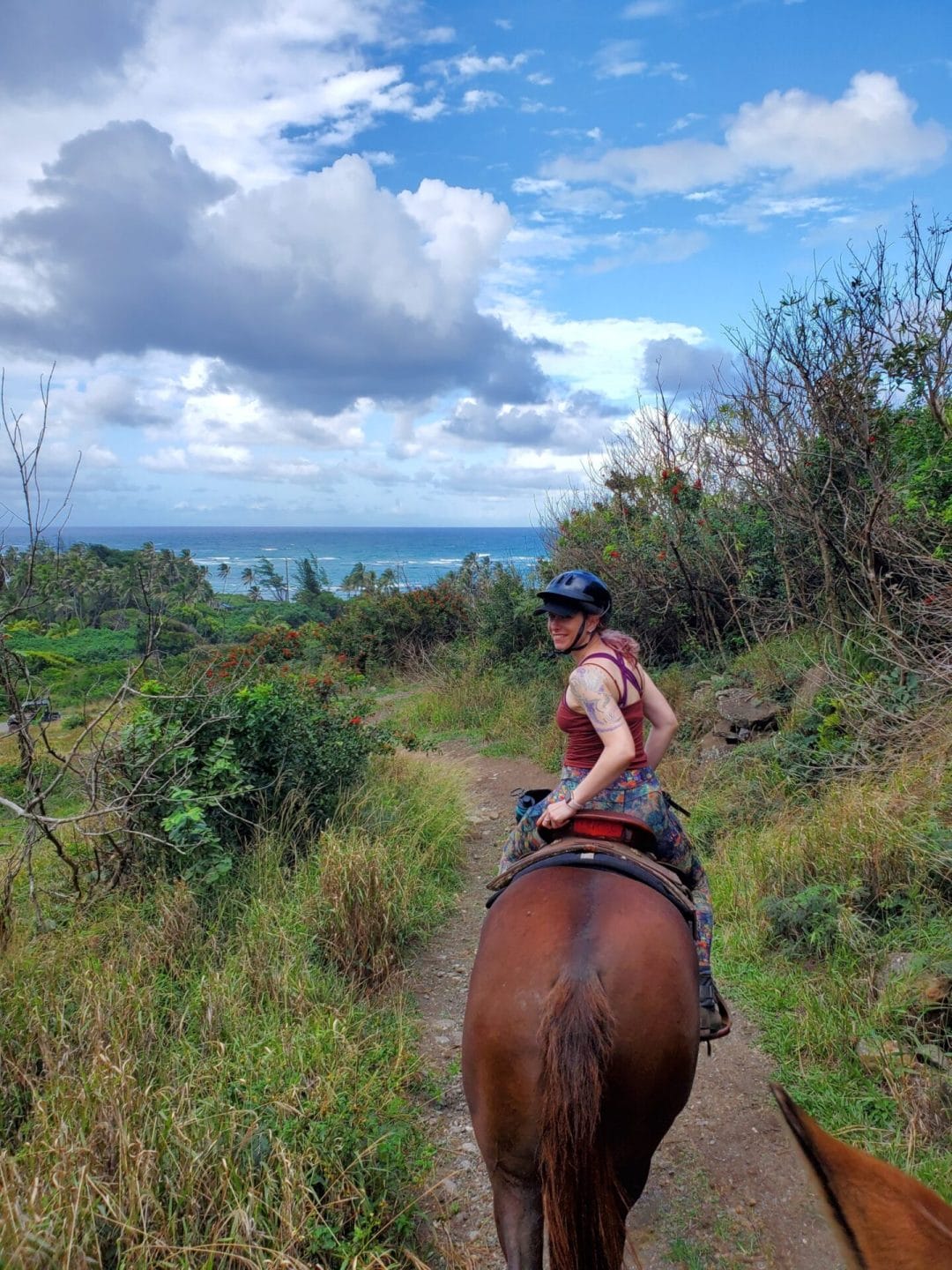 A woman yogi on horseback riding on a mountain trail towards the ocean of the big island of Hawaii under a blue and partly cloudy sky