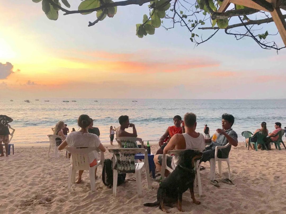 Image of people and one dog sitting at tables on a sandy beach