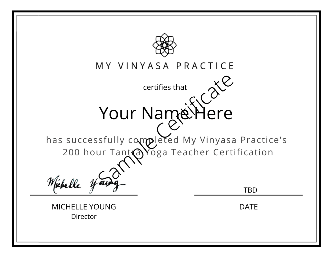 Sample Certificate for 200 hour Tantra Yoga Teacher Training