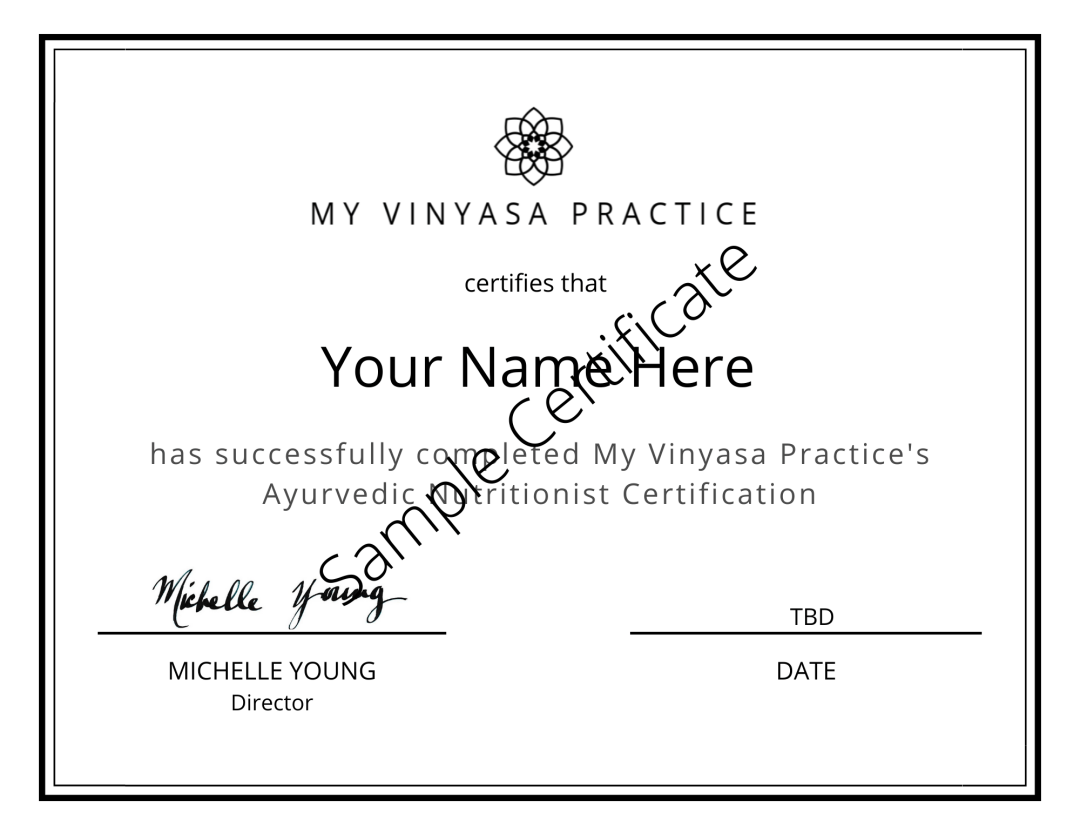 Sample Certificate For My Vinyasa Practice Ayurvedic Nutrition Certification