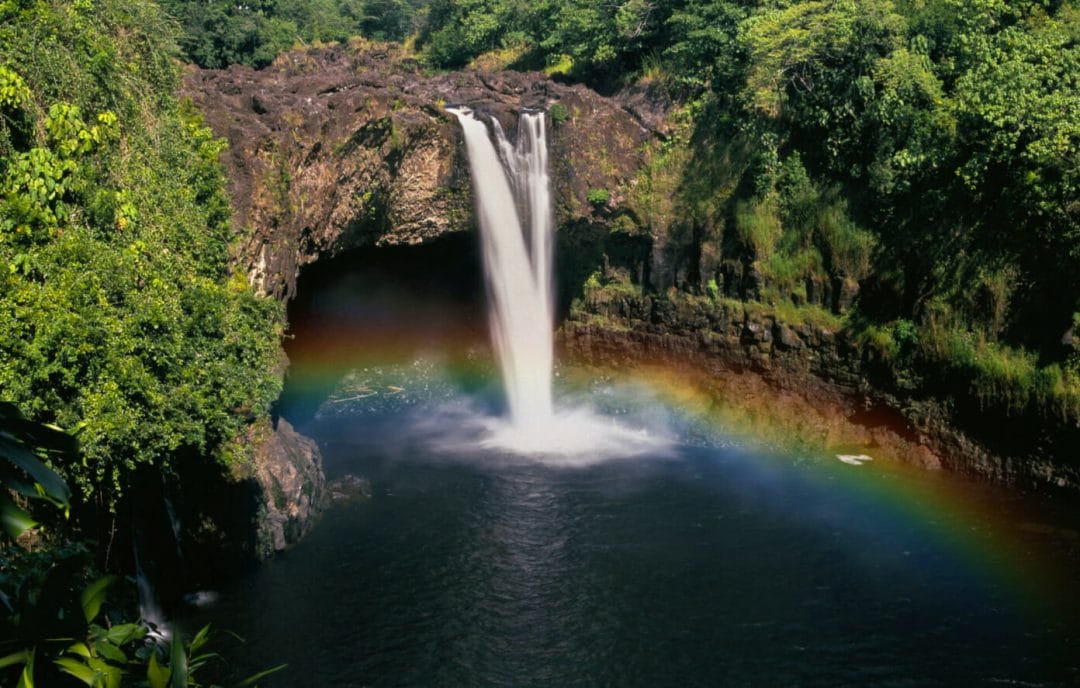 a waterfall cascading into a pool creating a rainbow in a lush jungle on the big island of Hawaii
