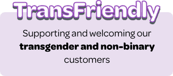 A purple logo that says "trans-friendly. Supporting and welcoming our transgender and non-binary customers"