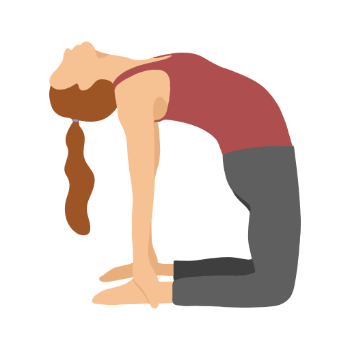 An image of an animated yogi woman in a pink shirt bending backward in a camel pose
