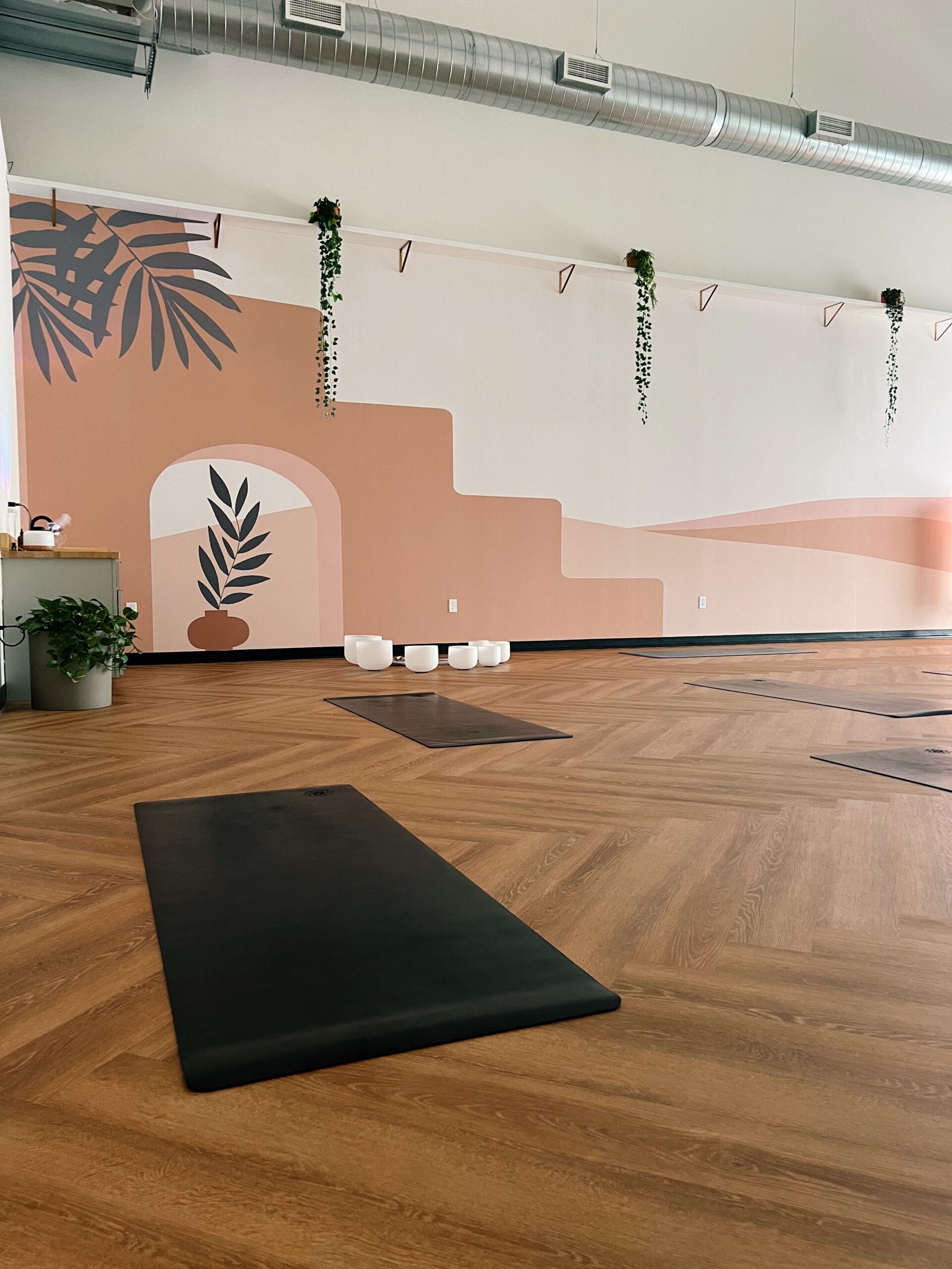 Sun Room 2 The MVP studio which has large windows in the front of the studio. The windows look into a bright and welcoming storefront. There is a sign that says "all are welcome". There are women inside, holding yoga mats and going to a yoga class.